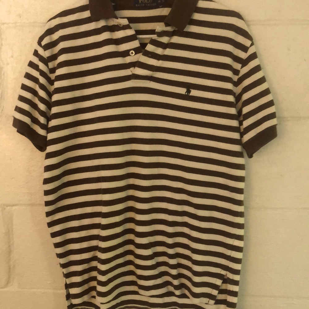 Brown and white Polo shirt with hunter green horse. Size men’s medium